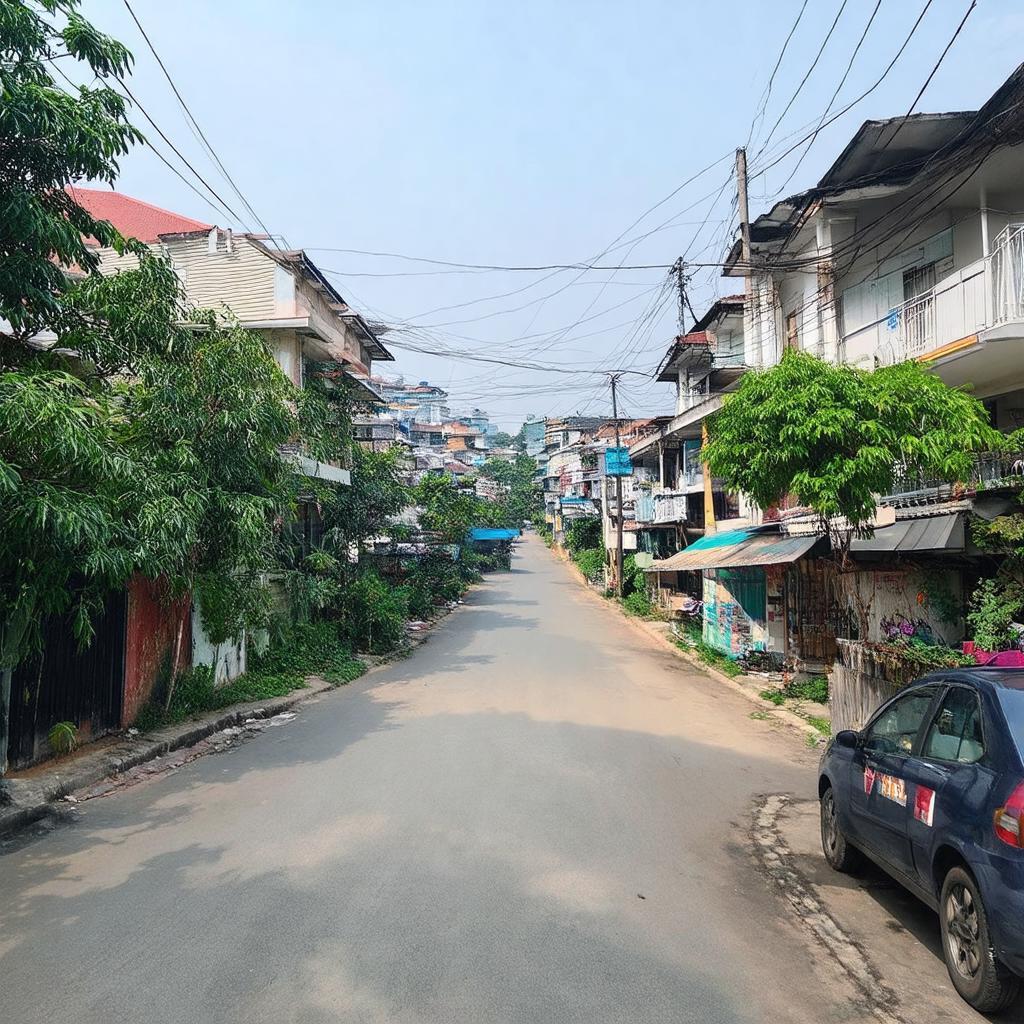 Một hình ảnh rộng hơn về cảnh quan khu vực xung quanh số 40 Đường Số 17, Bình Hưng Hòa, Bình Tân, thể hiện sự pha trộn giữa nhà ở dân sinh, cây xanh và có thể có một vài cửa hàng nhỏ, cho thấy môi trường sống và tiện ích gần đó.
